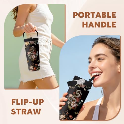 Goth 28oz Tumbler, with Handle Lid Straw, Stainless Steel Sport Cup | 28oz Insulated Tumbler, Flower of Darkness Travel Water Bottle, Thanksgiving Christmas Birthday Gift for Goths Snake Lovers - color: snake