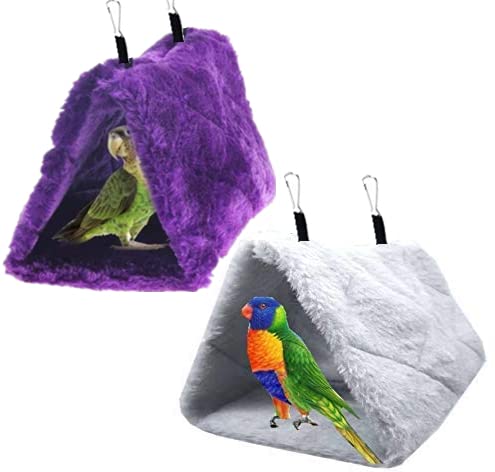 2 Pack Warm Bird Nest House Plush Hanging Snuggle Cave Bed Hanging Hammock Sleeping Bed Happy Hut for Parrot Parakeet Cockatiel Conure Cockatoo African Grey Macaw (Grey&Purple) - color: Grey and Purple