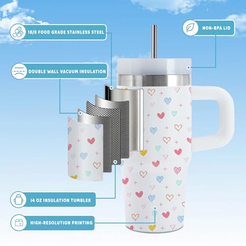Heart 14 oz Tumbler, with Handle Straw, Stainless Steel Travel Cup | 14 oz Insulated Water Bottle, Travel Vacuum Coffee Mug, Thanksgiving Christmas Birthday Gift for Daughter, Heart Lovers Gifts - color: Heart-White