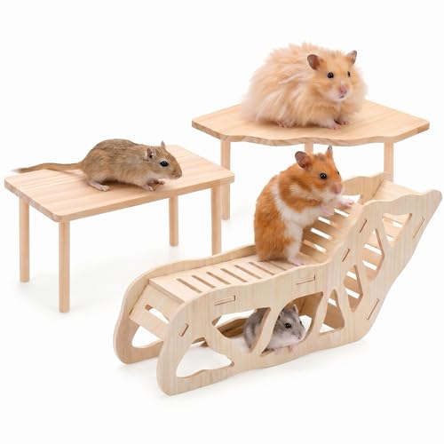 3-Piece Hamster Wood Platform Set with Tunnel Hideout, Natural Cage Accessories with Hides, Food & Water Stations, Climbing & Burrowing for Dwarf, Syrian Hamsters, Mice & Gerbils