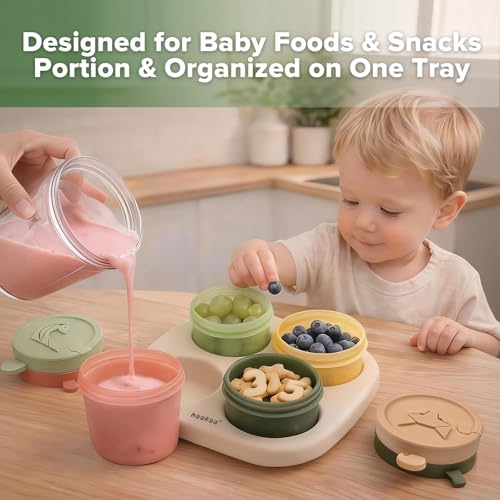 Haakaa Silicone Baby Food Containers, 4oz/120ml Baby Food Jars with Leakproof Animal Lids and Tray, Freezer-Safe Storage for Homemade Purees, Snacks & Meal Prep, 4 Pack, Oat Tray - color: Oat Tray