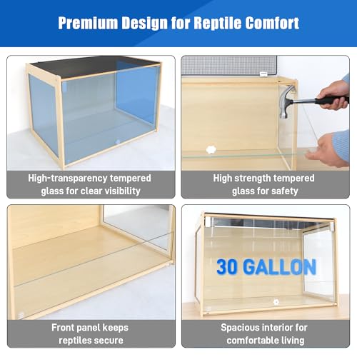 Reptile Terrarium Enclosure 30Gallon Bearded Dragon Tank, 24*16*16inch Tempered Glass Front Opening Reptile Snake Tank Enclosure Cages with Wood Frame & Metal Mesh Top for Hamster Gecko Lizard Turtles