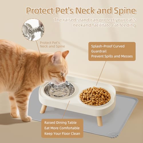 Elevated Cat Bowl with Food Mat, Raised Cat Food and Water Bowl Set for Indoor Cats, Splash Proof with 2 Stainless Steel Pet Food Bowls for Cats and Puppies,Whisker Fatigue and Dishwasher Safe (White) - color: Cat Bowls with mat - white