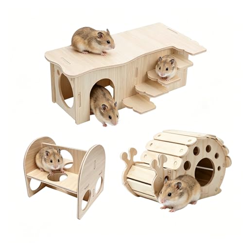 3-Piece Wooden Hamster Platform Set,A Wooden Hamster House with Climbing Ladder, A Snail-Shaped House,A Wood Hamster Toys, Small Pets Activity Toy for Dwarf Gerbil Mouse Mice Rat Small Animals C - color: N
