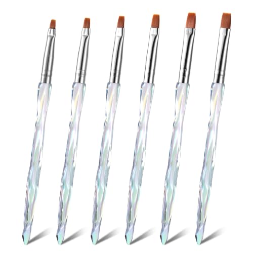 6Pcs Flat Nail Brushes Iridescent Crystal Handle Nail Art Painting Brushes | 6/7/8/9/10mm Premium Synthetic Bristles Manicure Brush for Cleaning Polish Mistakes on the Cuticles, DIY Painting - color: Clear