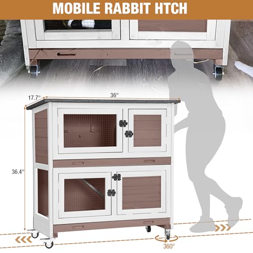 Rabbit Hutch Indoor Outdoor, Bunny Cage with Casters, Guinea Pig Cage Bunny Hutch with Two Plastic Trays 36inch-Brown - color: #Brown-Medium