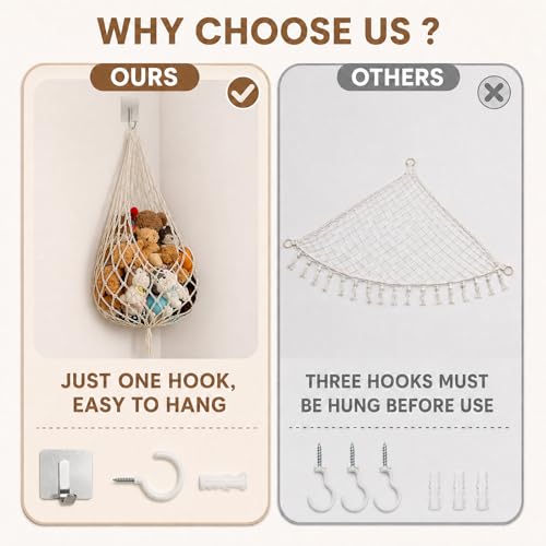Corner Hanging Toy Hammock, Large Stuffed Animal Storage Net for Kids Room, Boho Nursery Decor, Easy Install with Hooks, Holds 100+ Plushies, Soft Cotton Rope, off white