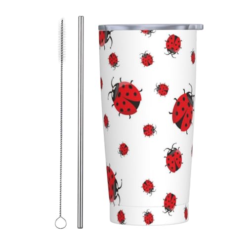 Ladybug Tumbler with Lid and Straw Flowers 20oz Insulated Stainless Steel Cup Floral Travel Coffee Mug Water Bottle for Women Gift for Birthday Christmas - color: Red