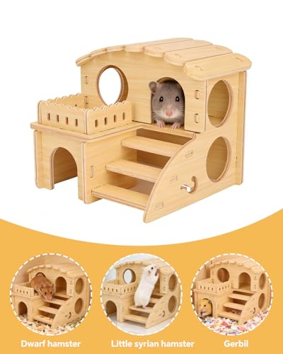 6 PCS Wooden Hamster Cage Accessories Toys Set, Hamster House Hideout, Platform, Silent Wheel, Feeding Box, Swing & Seesaw Toys, Cute Habitat Decor for Syrian Dwarf Hamsters and Gerbil