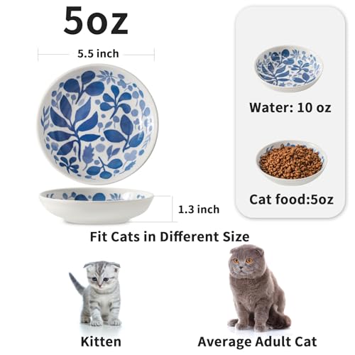 3 Ceramic Cat Bowls,5.5 inch Wide Shallow Cat Food Bowl for Relief Whisker Fatigue - color: Blue-A