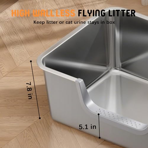 Stainless Steel Litter Box with High Sides,23.6" L X 15.7" W X 7.8" H,Extra Large Jumbo Cat Litter Box,XL Kitty Metal Liter Box for Indoor Big Cat,Non-Sticky,Anti-Leakage(Entry on Long Side) - size: Entry on Long Side