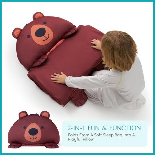 JOIEDOMI Kids Sleeping Bag 4 5 6 Year Old Girl Gifts Toddler Nap Mat with Pillow & Blanket 60" x 27" for Kids Ages 3+ Soft Plush Sleeping Mat for Preschool and Boys Girls - color: Brown Bear