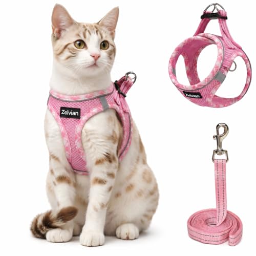 Escape Proof Cat Harness and Leash, Adjustable Vest, Pink, M | Soft Reflective Mesh with Dual D-Rings, Step-In Fit, Quick Buckle and 5 ft Leash for Outdoor Walks, Training and Vet Visits - color: Pink, size: M