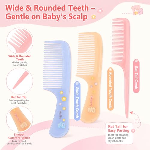 8Pcs Baby Hair Comb Set with Cute Bear Pattern, Safe Rounded Tooth Toddler Hair Brushes & Rat Tail Combs for Kids, 4 Color Cute Infant Grooming Kit for Girls & Boys,Travel Friendly
