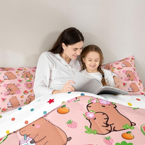 Capybara Lover Bedding Set, Capybaras Decor Comforter Set Full For Kids Girls Bedroom, Cartoon Rodent Animals Quilted Duvet Capybara Decorations Watermelon Strawberry Duvet Insert Kawaii Decor, Pink - color: Multi 13, size: Full