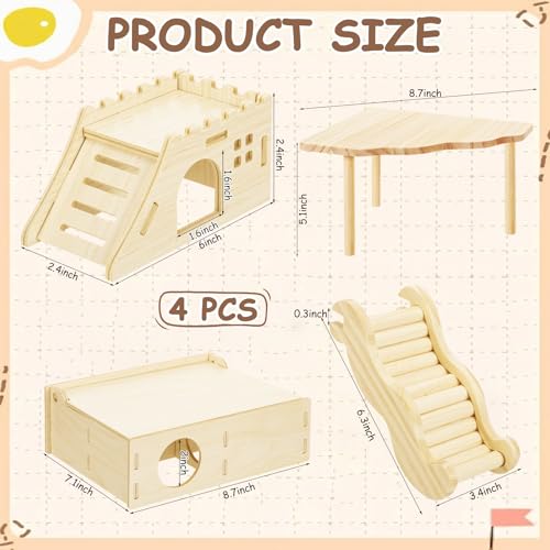 BreezeHug 4 Pcs Hamster Cage Accessories Hamster Platform Hideout Wooden Tunnel Ladder Playhouse Game Climbing Toy with Platform for Pets Dwarf Syrian Mice Degus Gerbils Squirrel(Castle) - style: Castle