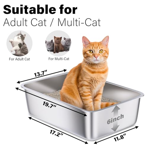Stainless Steel Litter Box 2 Pack, Large Metal Litter Box | 20"x14"x6", Easy to Clean, Non Stick No Smell Cat Litterbox for Cats/Kitty - size: 2 Pack-Large (19.7"×13.8"×6")