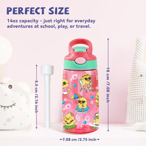 Kids Plastic Water Bottle - Duck Water Bottles for Kids, 14oz Plastic Water Bottle with Straw Lid, Leakproof BPA-Free Cute Duck Water Bottles for Home Sports Travel, Pop-Up Straw Cover, Pink - color: Fun Duck