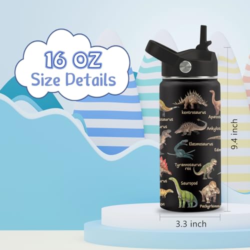 Dinosaur Water Bottle, Dinosaur Gifts, 16 oz Water Bottle with Straw Lid | Stainless Steel Insulated Water Bottle for Travel Outdoor, Dinosaur Cup for Dinosaur Lovers - color: Dinosaur