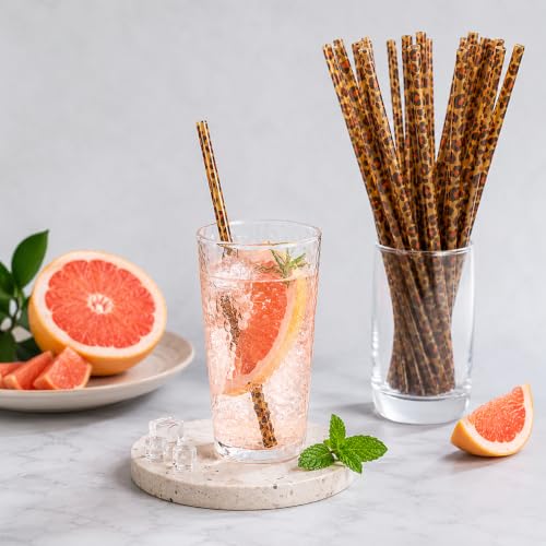 10 Pcs Reusable Brown Leopard Straws Long Straws with Cleaning Brushes - color: Brown
