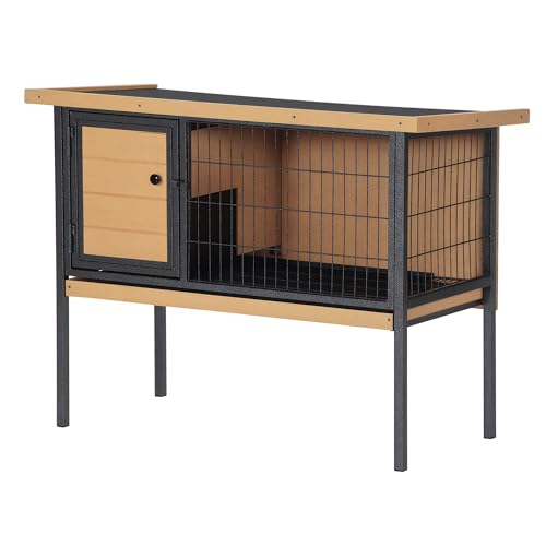PawHut Rabbit Hutch Elevated Bunny Cage Metal Frame No Leak Tray Natural | Small Animal Habitat, Metal Wire Pan, Openable Water-Resistant Asphalt Roof, for Rabbits Chickens Ducks, Indoor/Outdoor
