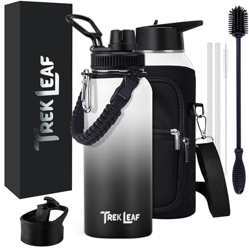Travel Water Bottle with 3 Lids (Spout, Straw, Flip) Leak Proof, Quality, Vacuum Insulated, Stainless Steel (Day & Night, 32 oz) - color: Day & Night, size: 32 Ounces