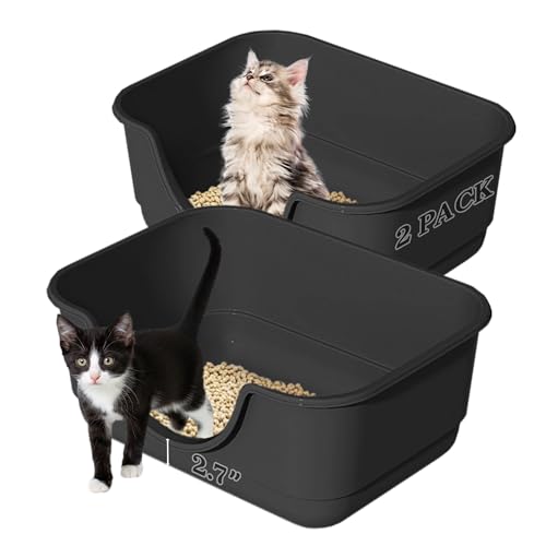 2 Pack Low Entry Small Litter Box for Kittens, Kitty Plastic Litter Boxes, Open Top, Anti-Splash High Sided Litter Tray Pan for Medium Pets, Puppy, Easy to Clean, 15.7"L*11.8"W*6.7"H (Black) - color: Black-2 Pack