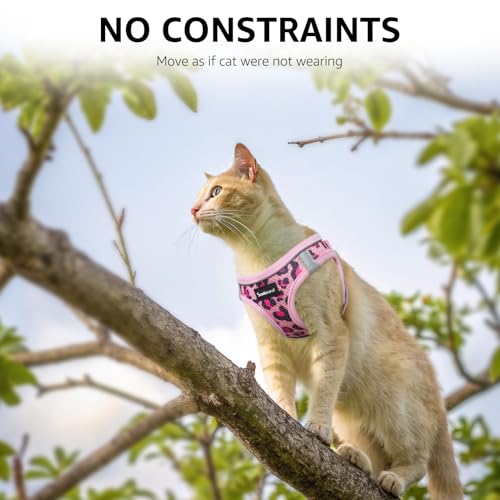 SCENEREAL Cat Harness & Leash Set Escape Proof - Adjustable Air Mesh Vest with Reflective Strips for Kittens, Puppies, Rabbits, Pink Leopard M - color: Pink Leopard, size: Medium(Fit Chest 12.5-14in)