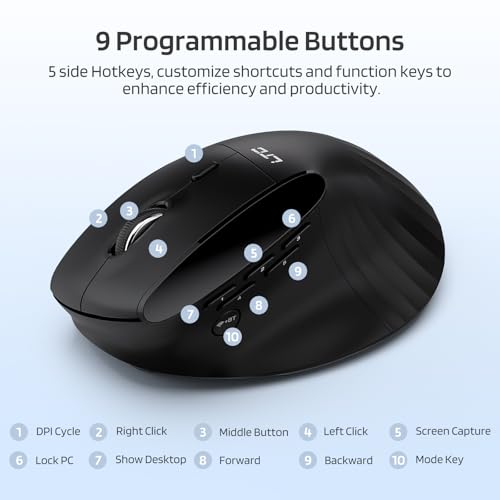 LTC GM051 Wireless Vertical Ergonomic Mouse – 8K DPI Optical, 9 Programmable Buttons (5 Side), Rechargeable 850mAh, Multi-Device Bluetooth/2.4G for Mac, PC, Laptop & Desktop – Black