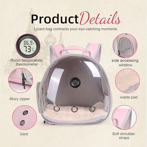 Reptile Travel Backpack Carrier with Reptile Thermometer and Humidity Gauge & Harness Leash Lizard Travel Cage Space Capsule Clear Bubble Window Astronaut Bearded Dragon Bag for Ball Python - color: Pink