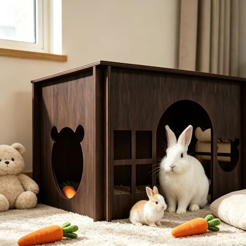 Large Sturdy Wooden Rabbit Castle Hideout with Spacious Balcony, Detachable Bunny Playhouse Hideaway Cage Accessories, Indoor Habitat Toys for Guinea Pig Chinchilla Hamster Gerbil Small Animals - color: Walnut Style 2, size: Large