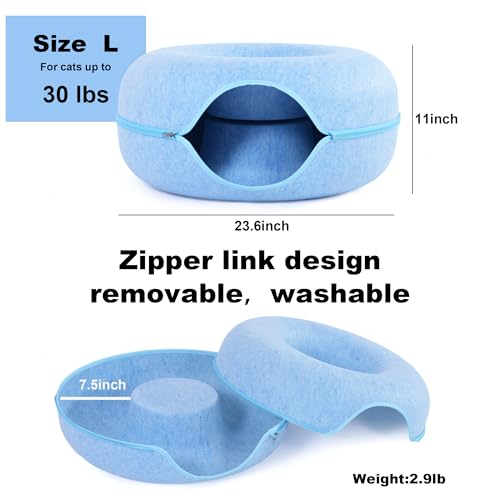 Large Cat Tunnel Bed for Indoor Cats with 3 Toys, Scratch Resistant Donut Cat Bed, Up to 30 Lbs (L 24x24x11, Blue) - color: Blue