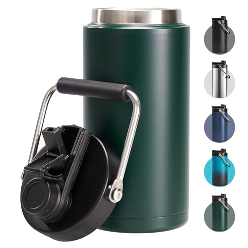 Fijinhom Half Gallon Insulated Water Bottle for Travel: 2-in-1 Straw and Spout Lid, Keep Cold 24Hrs, Leakproof, 64oz Water Jug With Handle, Vacuum Stainless Steel for Sports, Hiking, Trip(Green) - color: Green, size: 64 Ounces