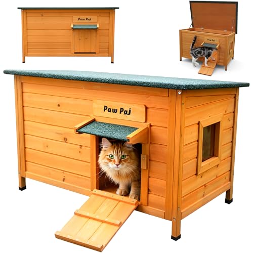 Paw Pal Outdoor Cat House，Outdoor Cat House Weatherproof, Openable Asphalt Roofs，Cat House for Cats, Rabbit, Dog, Small to Medium Pets, Insulated Cat Houses, Large Wooden Cat Houses - style: Large: 33.5" * 21.7" * 21.7"