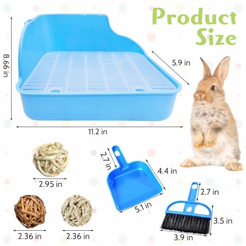 PINVNBY Rabbit Litter Box for Cage Wooden Guinea Pig Hay Rack Feeder Potty Trainer Corner Bunny Litter Box Pet Toilet with Cleaning Set for Guinea Pigs Ferret Rabbits Chinchilla - color: Blue（With hay feeder）, size: S: 11.02 x 8.66 x 5.9 inches (Fixed on