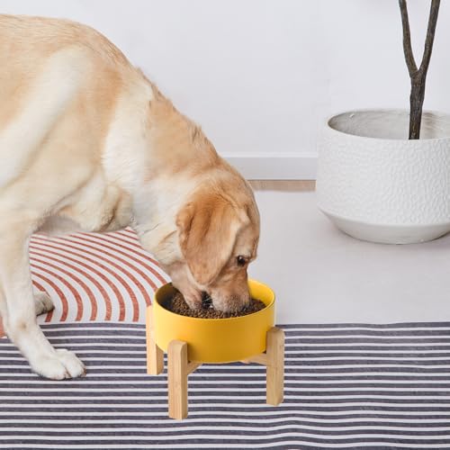 6'' Ceramic Raised Dog Bowl - 30Oz Dog Food & Water Bowl with Elevated Non-Slip Bamboo Stand, Dishwasher & Microwave Safe, Anti Vomiting Heavy Duty Pet Bowl for Small and Medium Dogs, Yellow - color: 1 x Bowl + Stand - Yellow, size: 6 inch