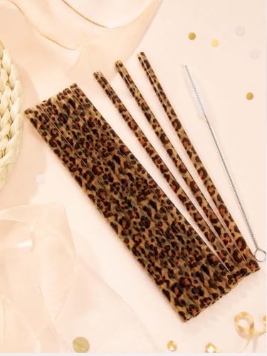 10 Pcs Reusable Brown Leopard Straws Long Straws with Cleaning Brushes - color: Brown