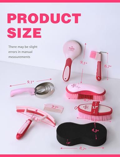 Horse Grooming Kit, 9 Piece Grooming Brush Set with Silicone Curry Comb for Bathing & Shedding Pink Garnet - color: Pink Garnet