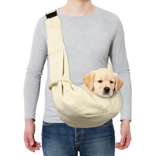 Dog and Cat Sling Carrier Up to 16.5 Lbs, Hand-Free Reversible Pet Sling Carrier with Adjustable Strap and Pocket, (White, 1 Pcs) Intended for Hiking/Camping/Traveling - color: White