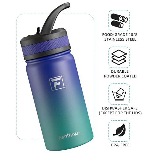 Fanhaw 14 oz Kids Water Bottle for School, Insulated Water Bottle with Straw Lid, Stainless Steel Vacuum Insulated Bottle for Boys & Girls, Leak-Proof, BPA Free(Purple Green) - color: Purple Green