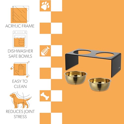 DBL2001B Keaton 7.5" Medium/Large Modern Lucite Rectangular Elevated Pet Feeder with 54oz 2-Stainless Steel Bowls, Black/Gold - color: Black/Gold, size: 54 Ounces (7.5" Cups 2-Pack)