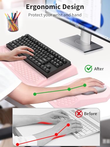 3-in-1 Ergonomic Keyboard Stand with Wrist Rest & Mouse Pad Set, Pink | Comfy Keyboard Riser Holder Soft Mousepad with Massage Design, Memory Foam and Non-Slip PU Base for Pain Relief - color: Light Pink