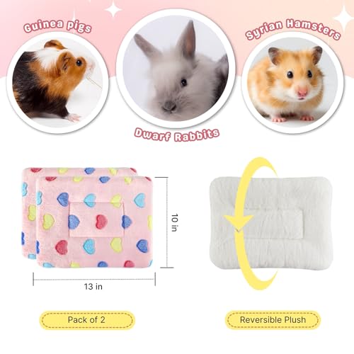 2 Pcs Bunny Bed, Washable Rabbit Bed, Double-Sided Fleece Sleeping Pad for Guinea Pig, Dwarf Rabbit, Chinchilla, Ferret, Hamster, Warm Small Animal Cage Mat, 13x10in, Pink Heart - color: Pink Heart