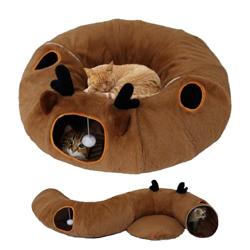 Cat Tunnel Bed for Indoor Cats with Washable Cushion Cat Cave Donut Tunnel with Fluffy Ball Big Round Tube Pet Playground Toys Soft Plush Peekaboo for Kitten, Cat, Puppy, Rabbit, Ferret（Deer） - color: Deer