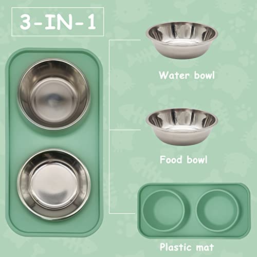 BNOSDM Double Dog Food Bowls Stainless Steel Dog Food and Water Bowls with Non-Spill Plastic Mat Pet Cat Feeder Bowl Set for Puppy Cats Kitten Small Dogs, Dark Green - color: Dark Green【Set of 1】