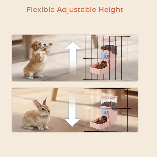 41 oz Hanging Gravity Feeder for Small Animals, Rabbits & Guinea Pigs | Adjustable Cage Height | No-Open-Cage Refill | Space-Saving | Clear Reservoir | Versatile Food Compatibility - color: Pink