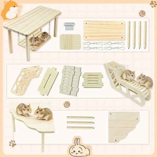 4Pcs Hamster Cage Accessories Platform Wooden Tunnel Hideout Toy | Hamsters Hideout Climbing Toy for Pets Dwarf Syrian Mice Degus Gerbils Squirrel or Other Small Pets