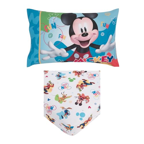 Disney Mickey Mouse Blue, Red, Green, and White, Donald Duck, Pluto, and Goofy, Fun Starts Here 2 Piece Toddler Sheet Set - Fitted Bottom Sheet, and Reversible Pillowcase - color: Mickey Mouse - Fun Starts Here