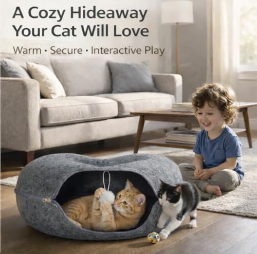Cat Cave Tunnel Bed - Comfort Bedz Large Donut Cat House, Enclosed Felt Hideaway with Zipper, Top Perch, Interactive Toy, Washable for Indoor Cats up to 25lbs