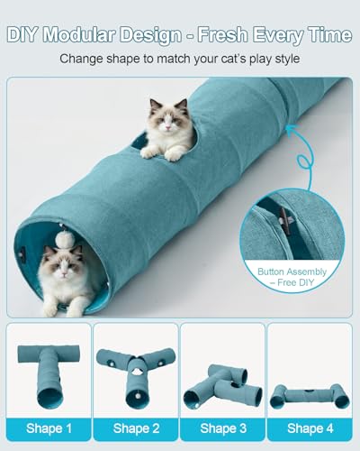 Cat Tunnel, 3 Straight Shaped Tunnels 6 DIY Shapes with Wand Toys, No Noise Scratch Resistant Cool Linen Fabric, Interactive Pet Tunnel Tube for Indoor Cats, Puppy and Rabbits - color: Blue